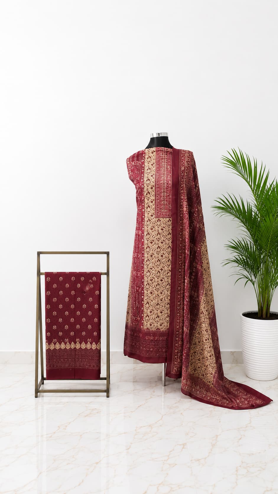 Maroon Pure Cotton Unstitched 3-Piece