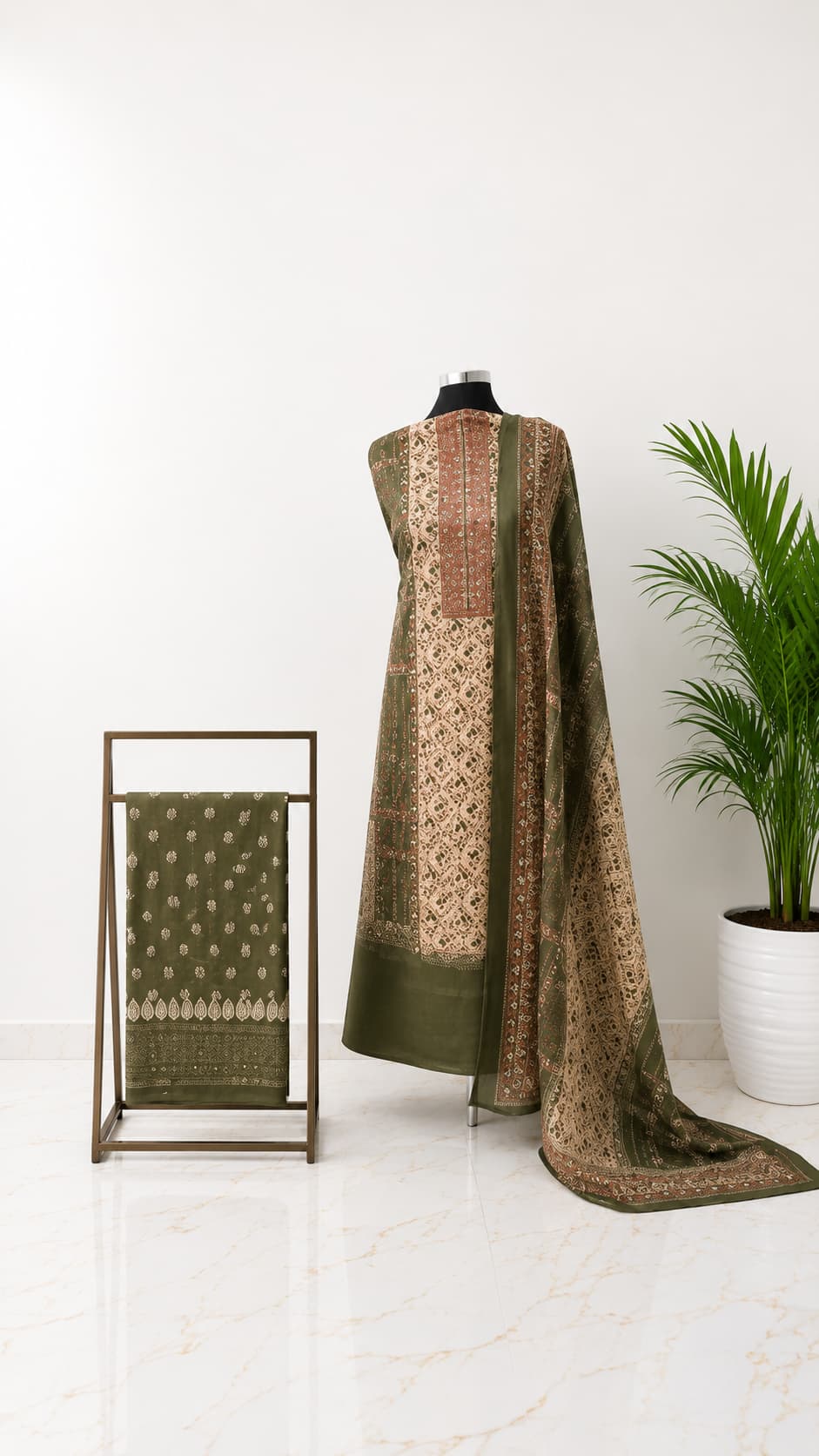 Olive Green Ethnic Print Unstitched 3-Piece